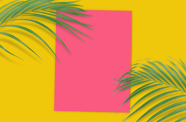 Fototapeta na wymiar Tropical palm leaves with empty paper for your design on yellow background. Minimal nature. Summer Styled. Flat lay. High resolution 5500 x 3600 pixels in size