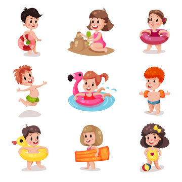 Cute cartoon boys and girls playing at the beach set, kids at summer vacation vector Illustrations