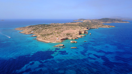 Aerial drone photo of kato Koufonissi island as seen from distance, small Cyclades, Aegean, Greece - obrazy, fototapety, plakaty