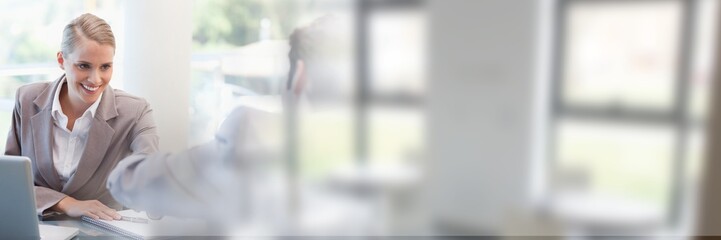 Woman Signing Paper Agreement with windows transition
