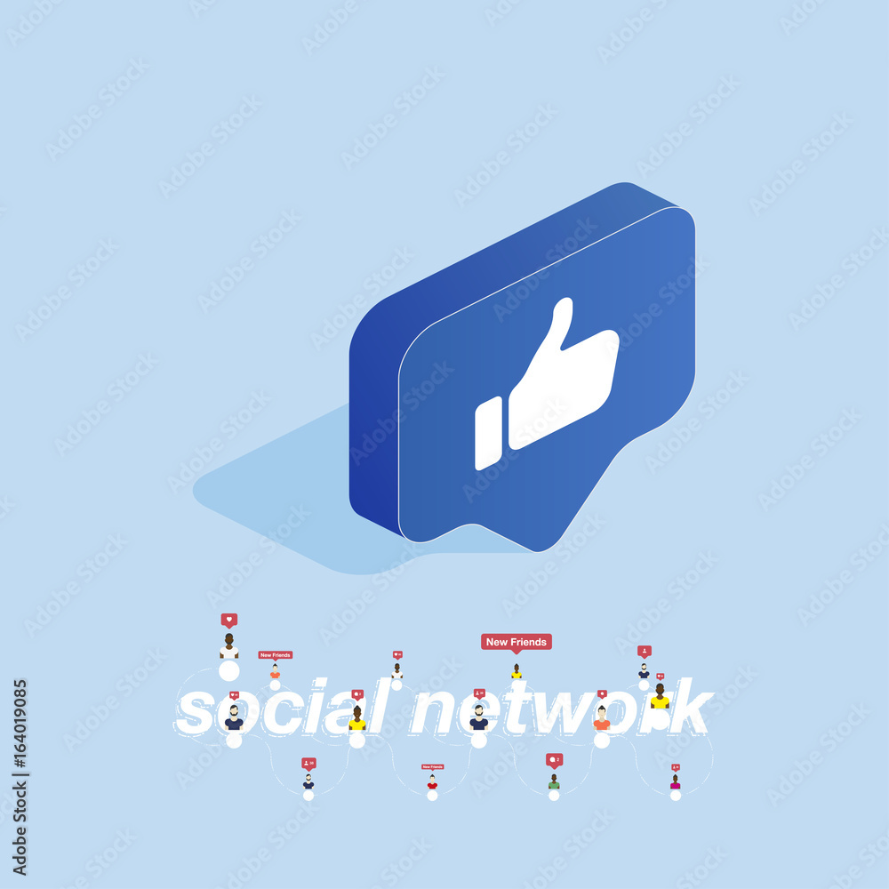 Poster 3d button of social networks in isometric. icon of social network thumb to the top. vector illustrat