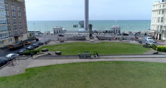 Aerial view of a regency square in Brighton and Hove approaching the sea and the destroyed west pier