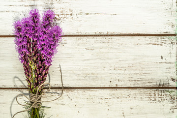 Summer flowers on white background of wooden boards, rustic design, copy space