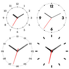 A set of four mechanical clocks. Clock face on white background.
