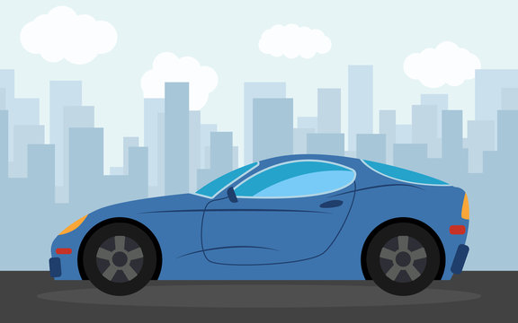 Blue sports car in the background of skyscrapers in the afternoon.  Vector illustration.
