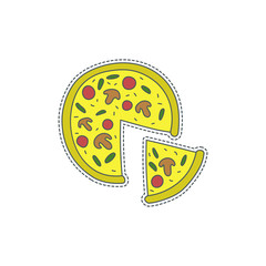 Hand drawn patch badge with Italy symbol - pizza. Sticker, pin and patch in cartoon 80s-90s comic style.