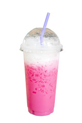 ice of strawberry sweet milk pink in takeaway cup on white background