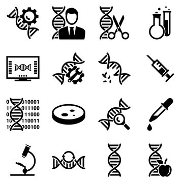Set of simple icons on a theme Genetics, medicine, research, vector, design, collection, flat, sign, symbol,element, object, illustration. Black icons isolated against white background