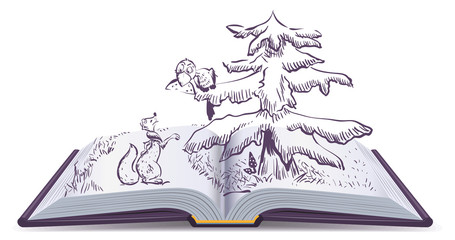 Fox and Crow story. Open book fable illustration
