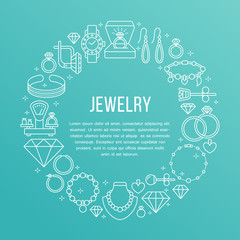 Jewelry shop, diamond accessories banner illustration. Vector line icon of jewels - gold engagement rings, gem earrings, silver necklaces, brilliant. Fashion store circle template with place for text.