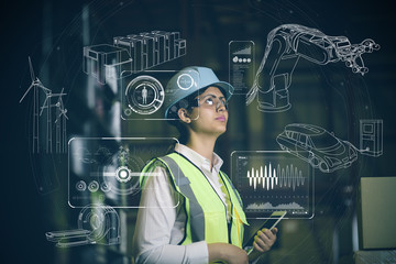 hispanic woman engineer and industrial technology abstract. Internet of Things. Industry4.0