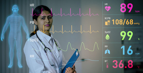 hispanic woman doctor and medical technology. Internet of Things. 3D rendering.