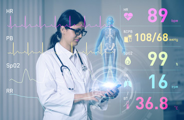 hispanic woman doctor and medical technology. Internet of Things. 3D rendering.