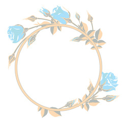 Blue roses. A pattern of gold flowers and leaves. Floral background. Round frame. card. congratulation. mothers Day. women's Day.