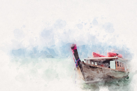 Thai style fishing boat with water paint or aquarelle effect