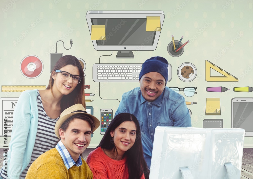 Poster group of people on computer in front of office desk graphics