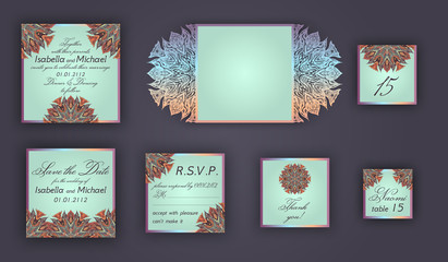 Vintage wedding invitation design set include Invitation card, Save the date, RSVP card, Thank you card, Table number, Place cards, Paper lace envelope. Wedding invitation mock-up for laser cutting