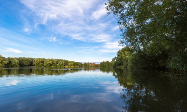 Summer Lake Landscape With Green Trees And Bush, Woking, Surrey