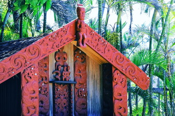 Honolulu, Hawaii - May 27, 2016:Carvings on a Maori Pataka (food store) in the Aotearoa Village at...
