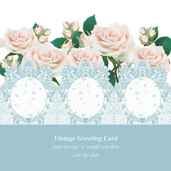 Pink roses lace card Vector. delicate summer card. Springtime fresh natural composition
