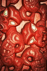 Honolulu, Hawaii - May 27, 2016:Close up image of Maori carvings found in the Aotearoa Village within the Polynesian Cultural Center on Oahu, a popular tourist attraction.