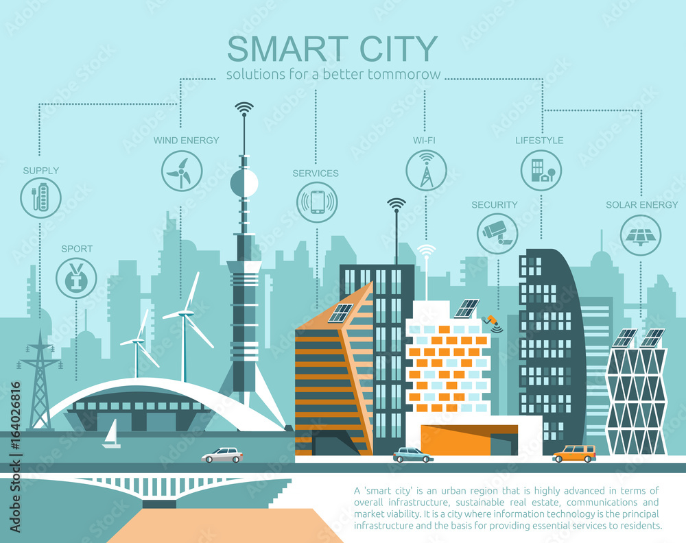 Poster smart city flat. cityscape background with different icon and elements. modern architecture. mobile 