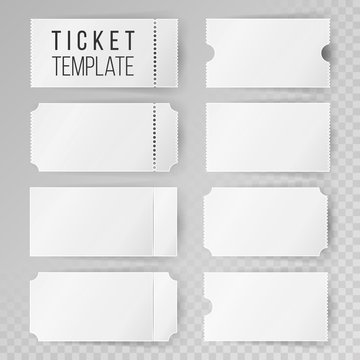 Ticket Template Set Vector. Modern Mock Up Wedding, Cinema, Birthday Or Circus Tickets Template. Transparent Background