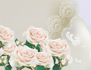 Obraz na płótnie Canvas Pink roses lace card Vector. delicate summer card. Springtime fresh natural composition