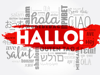 Hallo (Hello Greeting in German) word cloud in different languages of the world, background concept