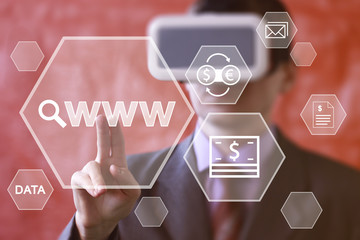 Businessman pushing button www search magnifier web virtual reality network