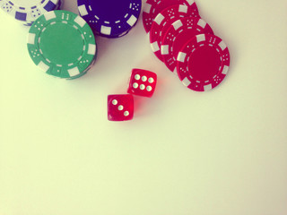 Poker game concept.  Bones, chips and cards view