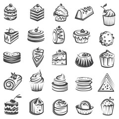 monochrome collection of cakes and cupcakes