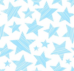 Blue stars, white background, seamless, vector. Blue stars are drawn with a diagonal stroke. Vector picture. 