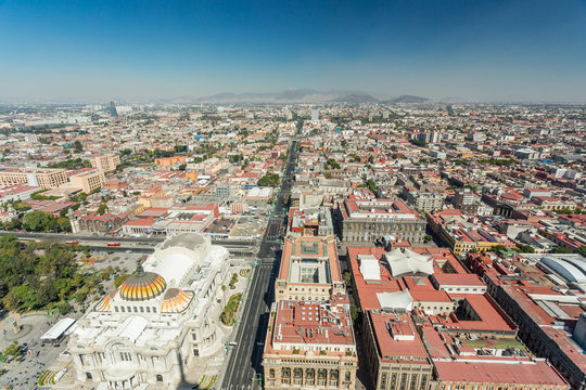 Mexico City skyline aerial view. Palacio de Belas Artes