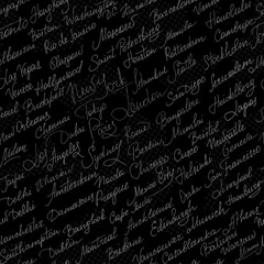 Cities of the world seamless pattern. The names of the cities of the world. Hand lettering. Abstract seamless pattern with cities name, black background