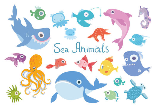 Cartoon sea animals set. Whale, shark, dolphin, octopus, turtle and other marine fish and animals. Vector illustration, isolated on white background.