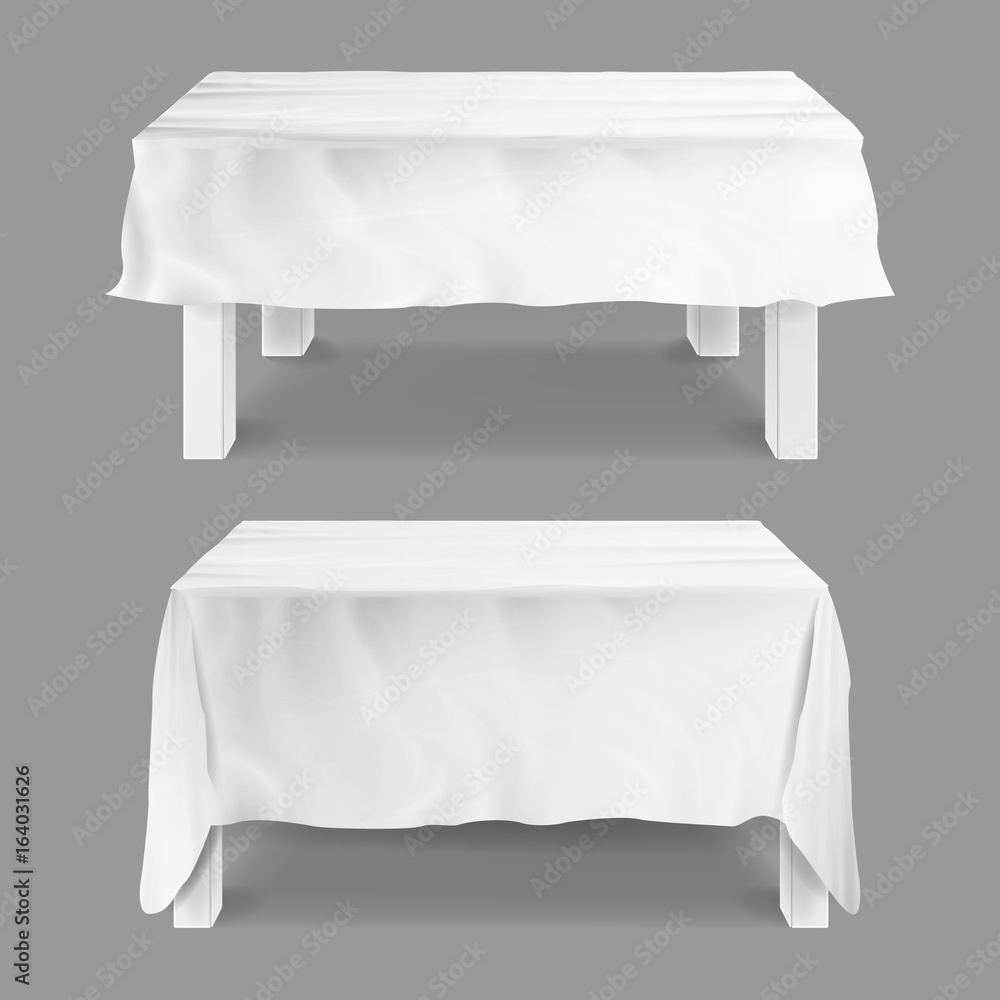 Poster table with tablecloth set vector. empty rectangular tables with white tablecloth. isolated on gray i