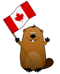 Funny joyful cartoon beaver with Canadian flag © beadrobin
