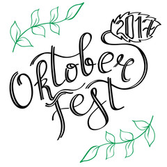 Obraz premium Vector illustration of Oktoberfest logo. Oktoberfest celebration design on textured background. Lettering typography with floral frame. Hand sketched Oktoberfest icon. Beer festival decoration badge