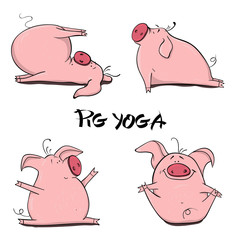 Set of cute piglets in various yoga poses. Vector