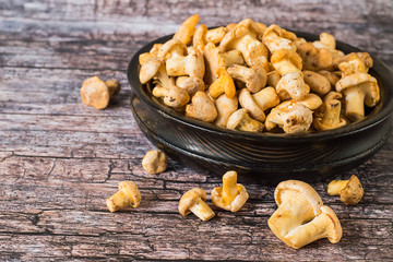 Fototapeta premium Young fresh chanterelles mushrooms in a round old bowl on a brown wooden background. Used in cooking and folk medicine. The source of vitamins and minerals.