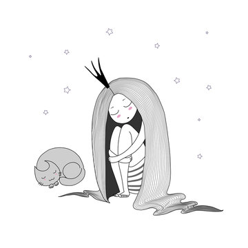 Hand drawn vector illustration of a sleeping princess with long hair and cat among the stars.