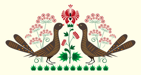 Folk ornament with two stylized birds among wildflowers