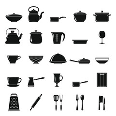 Kitchen dishes icons set in simple style