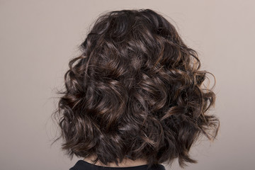 Hairstyle short Ringlets of dark hair on isolated grey background