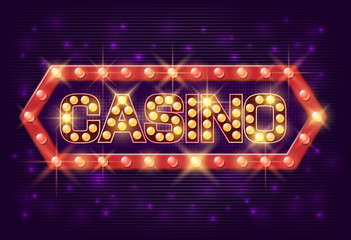 Fototapeta na wymiar Casino poster vintage style. Casino banner with glowing lamps for online casino, poker, roulette, slot machines, card games. Vector illustrator.