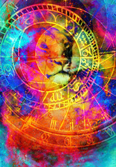beautiful painting of lioness with zodiac motive in floating space energy and light.