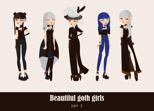 Vector set with isolated on background gothic girls. Goth clothes in dark colors, with different accessories, various hairstyle and posing. Serious characters
