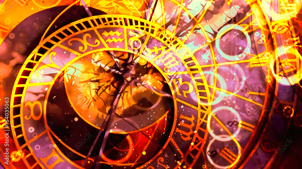 Leinwandbilder astrological symbol Zodiac. Abstract color background. Computer collage.