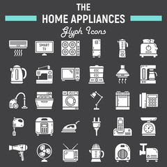 Home appliances solid icon set, technology symbols collection, vector sketches, logo illustrations, household linear pictograms package isolated on black background, eps 10.